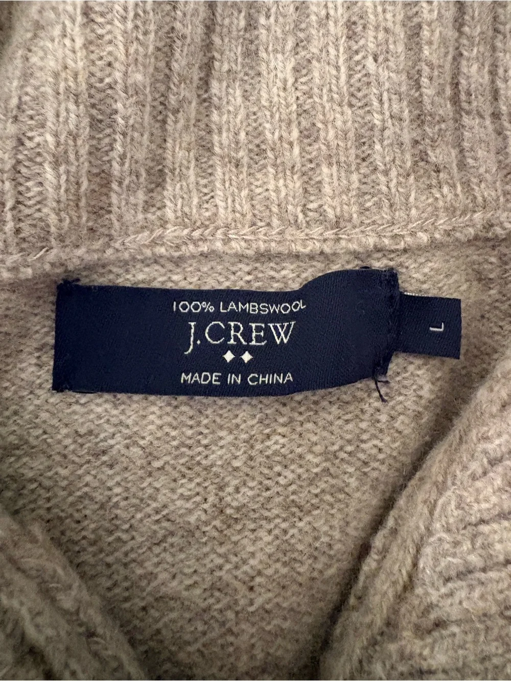 J Crew Mens L Lambswool Shawl Collar Sweater Pullover Brown Beige Knit Ribbed